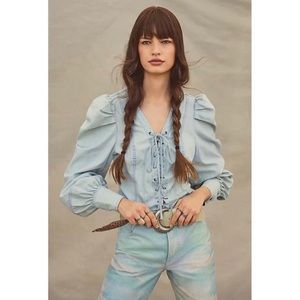 NEW Free People Denim Lace Up Blouse Size XL